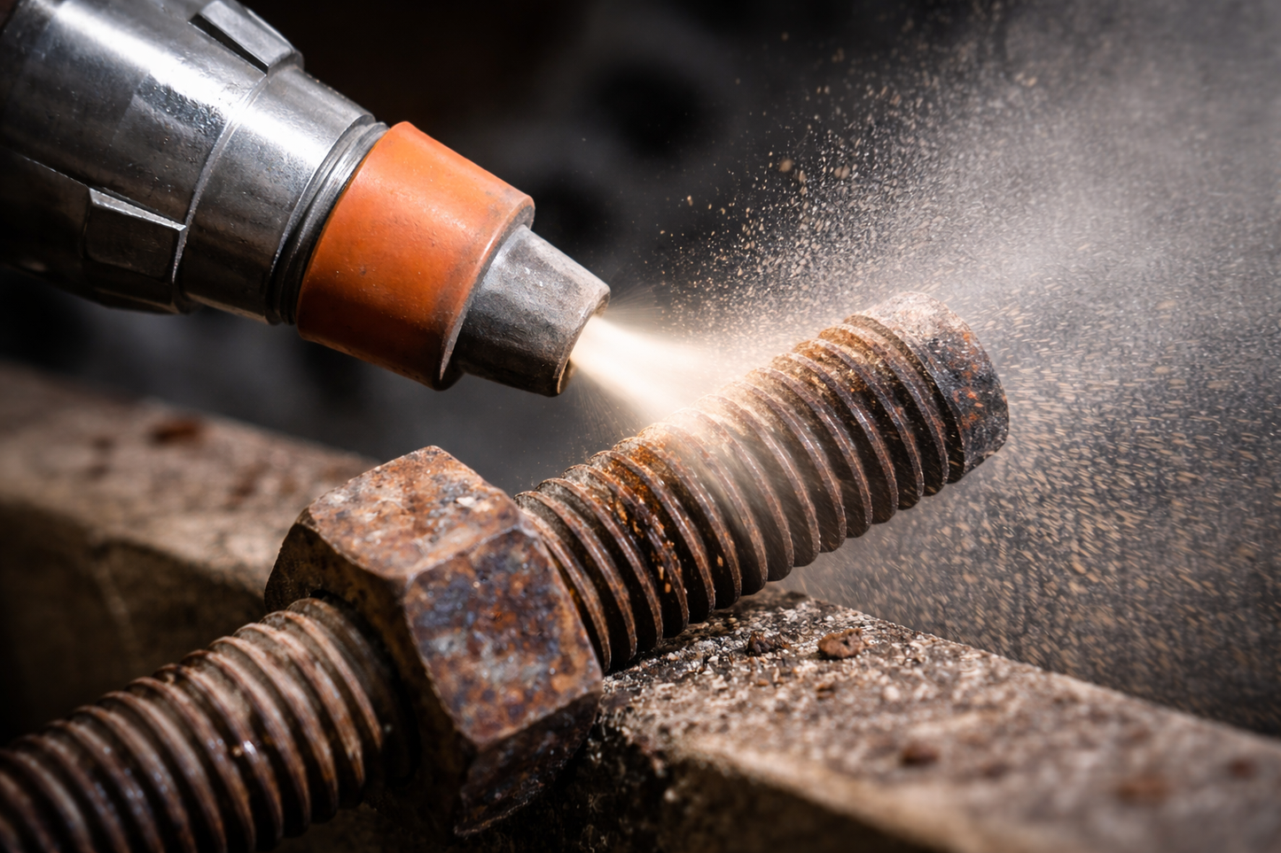 Alumina blasting media removing rust from steel bolt using sandblasting process